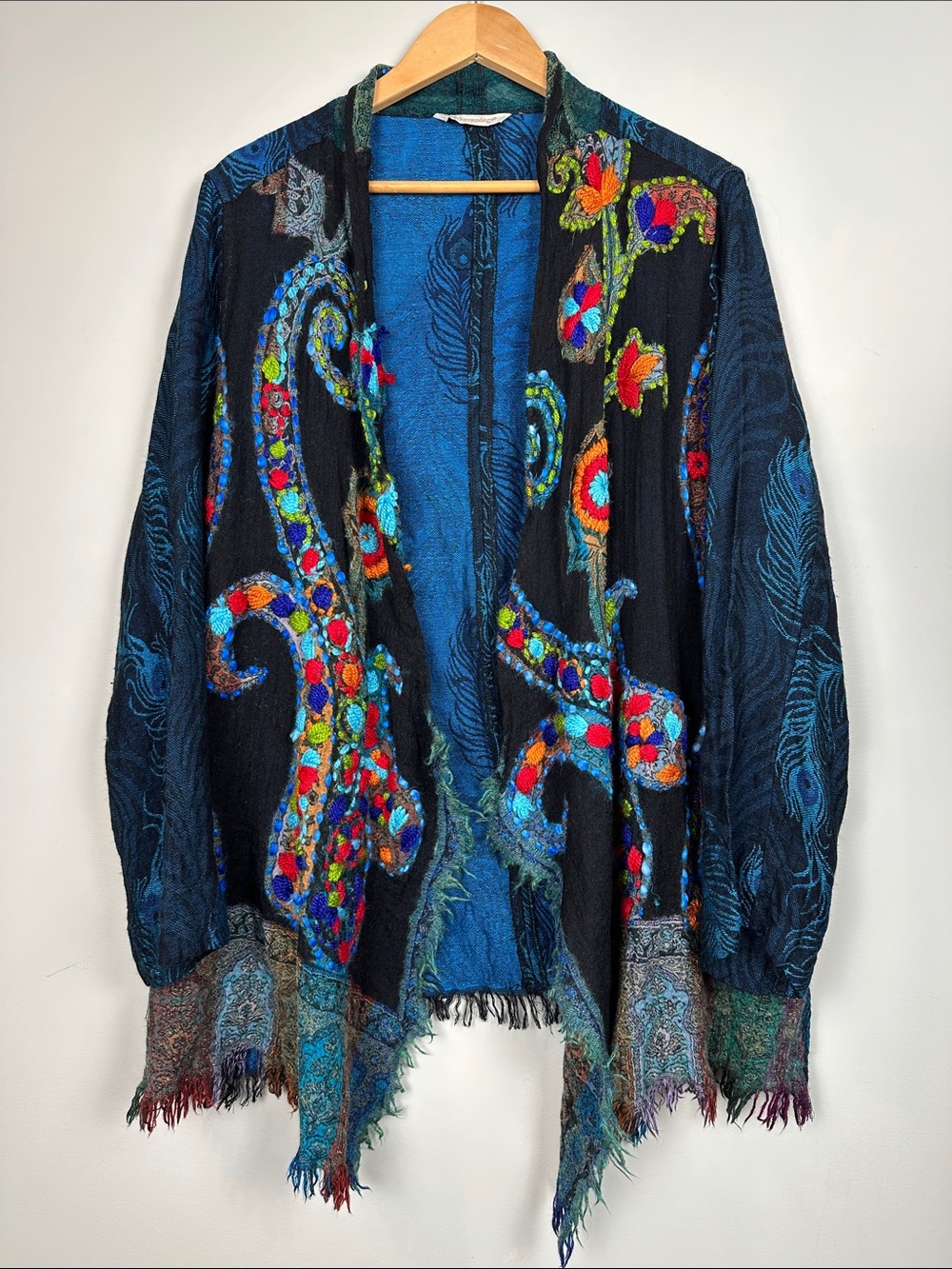 209. Soft surroundings, wool silk open cardigan embroidered, BoHo peacock